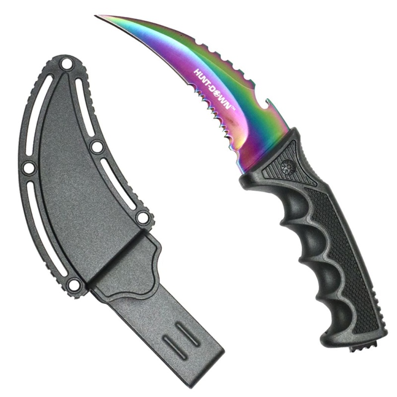 Huntdown 8.5" Rainbow Karambit Knife Black Handle Sheath 3Cr13 Steel Fixed Blade