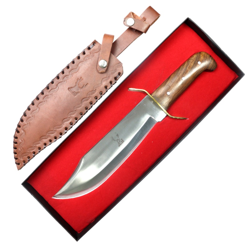 Theboneedge 15" Full Tang Wood Handle Brass Clip Hunting Bowie Knife With Sheath