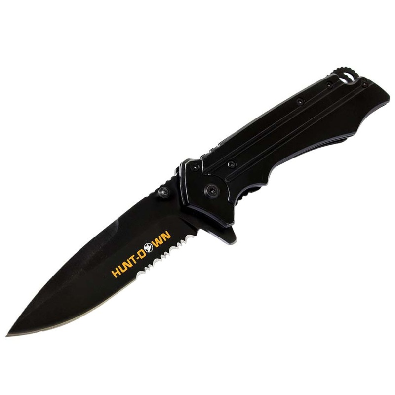 8" Huntdown Spring Assisted Black Blade With Clip & Belt Cutter