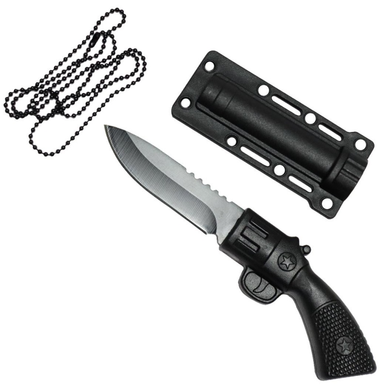 Defender-Xtreme 5.5" All Black Hunting Gun Style Knife W/ Necklace 3Cr13 Steel