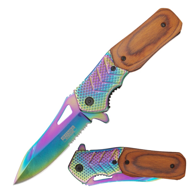 Defender-Xtreme 8.5" Pakkawood Handle Rainbow Bolster & Blade Spring Assisted Folding Knife