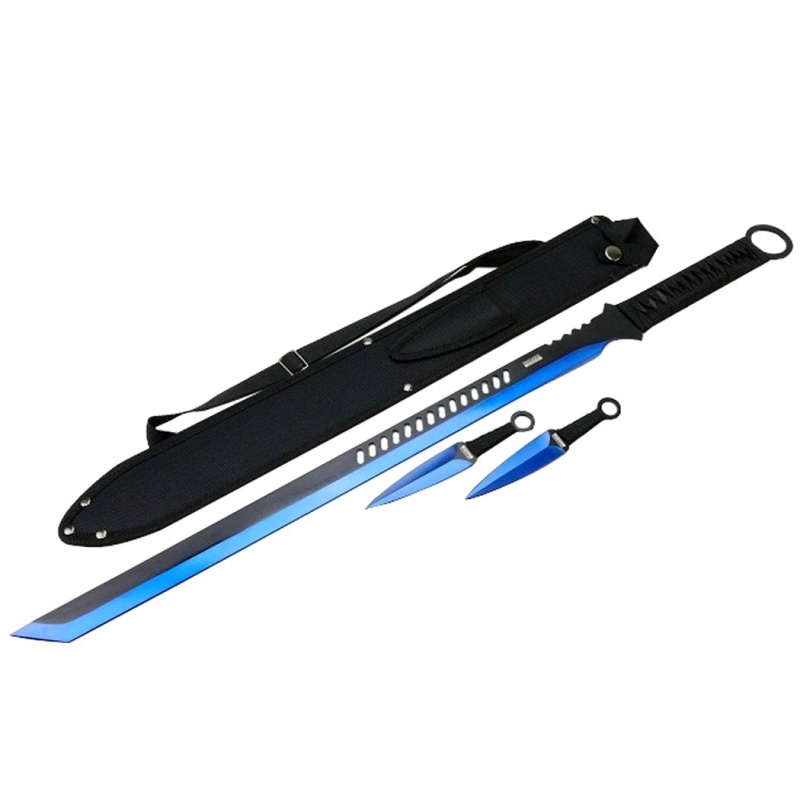 27" Blue 2 Tone Blade Sword With 2 Throwing Knives And Sheath