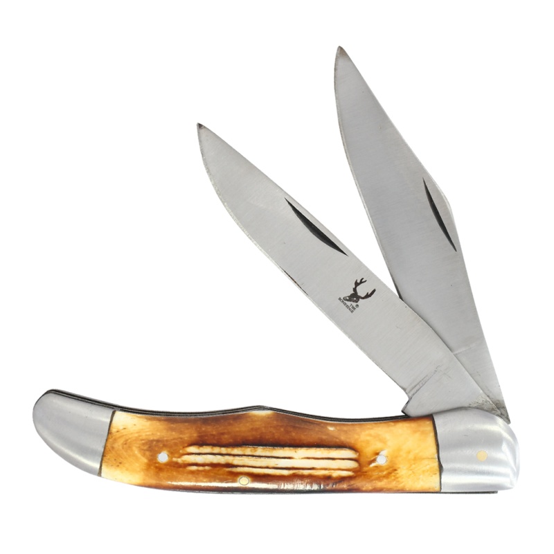 Theboneedge 9.5" Practical Dual-Bladed Burn Bone Handle Folding Pocket Knife With Leather Pouch