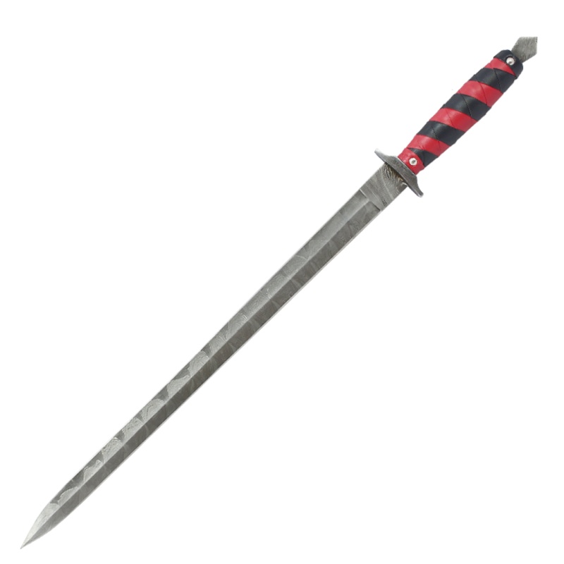 Theboneedge 28" Damascus Blade Mini Sword With Leather Red & Black Wrap Handle & Sheath