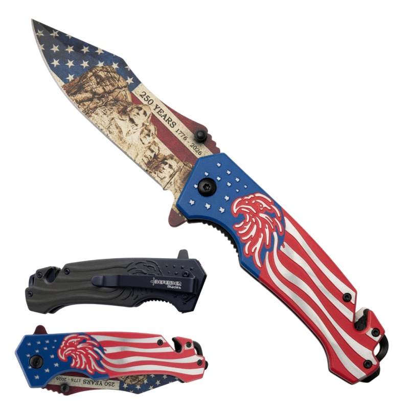 8" Mount Rushmore Usa Flag Spring Assisted Folding Knife With Aluminum Handle & Belt Cutter