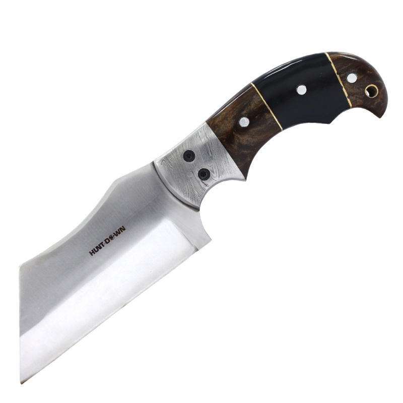 Hunt-Down 9" Black & Brown Resin Handle Damascus Bolster Hunting Knife With Leather Sheath