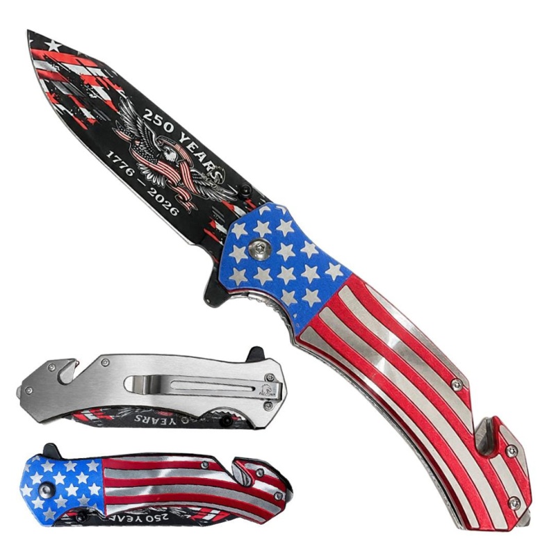 8.5" American Flag Handle & 250 Years Edition Design Blade Spring Assisted Folding Pocket Knife