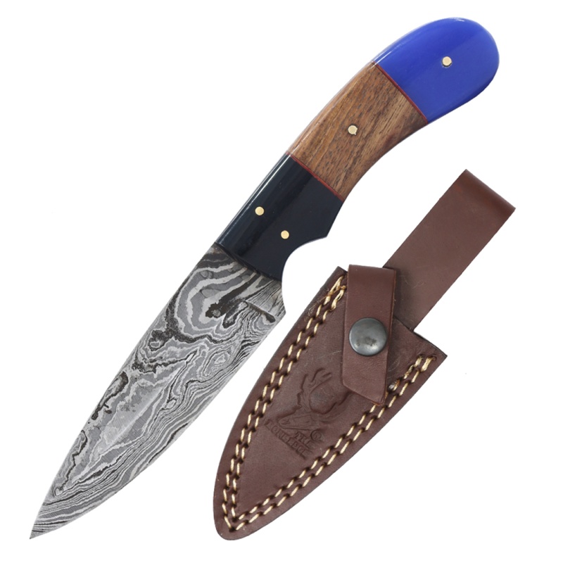 Theboneedge 8" Black & Blue Resin Handle Damascus Blade Hunting Knife With Sheath