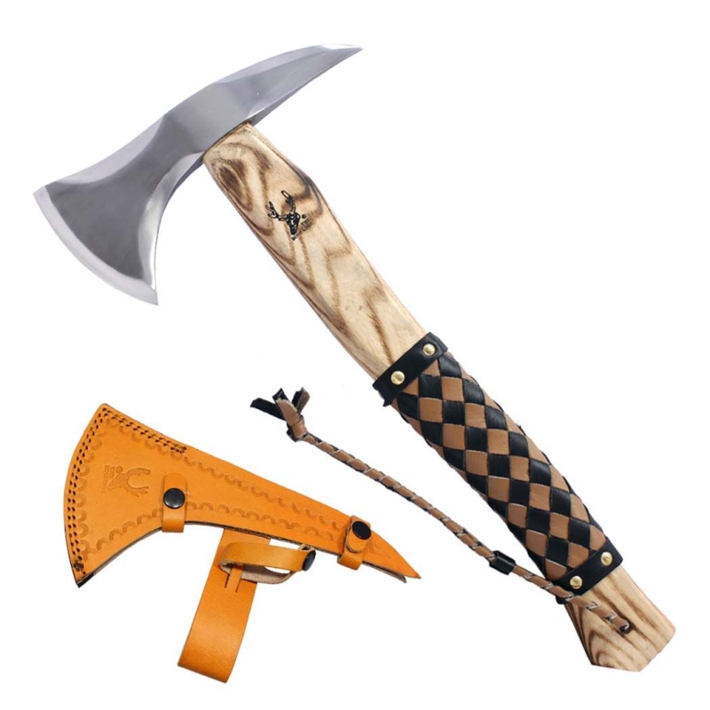 Theboneedge 17.5" Hunting Axe Black & Brown Leather Wrapped Handle With Sheath