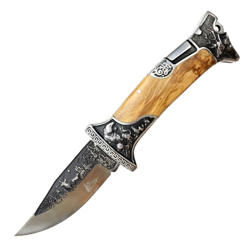 Theboneedge 9" Olive Wood Handle Engraved Design Folding Knife 3Cr13 Stainless Steel
