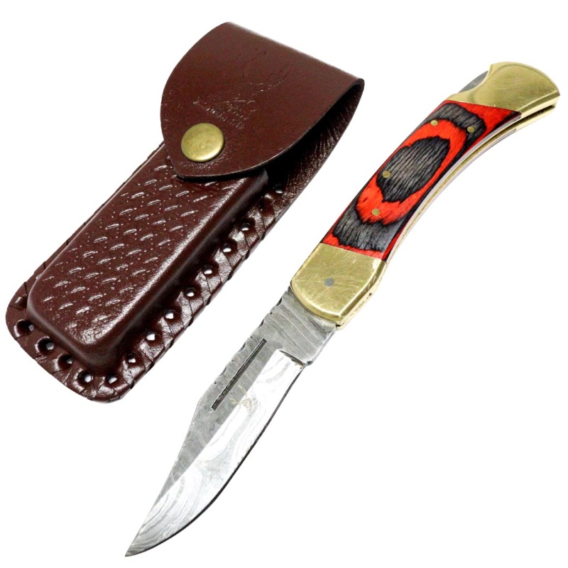 Theboneedge 9" Hunting Folding Knife Damascus Steel Red & Black Wood Handle Hand Made New