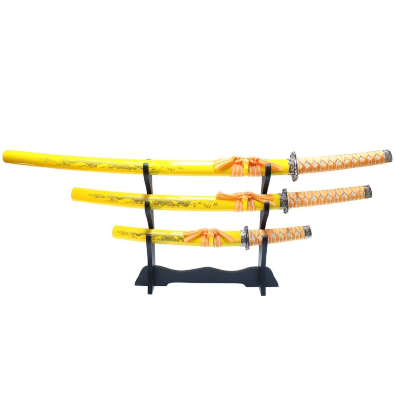 3 Pc Yellow Dragon Design Samurai Katana Swords Set With Stand