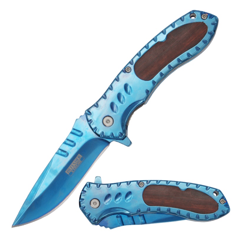 Defender-Xtreme 8.5" Blue Titanium Coating With Red Ebony Inlay Handle Spring Assisted Folding Knife