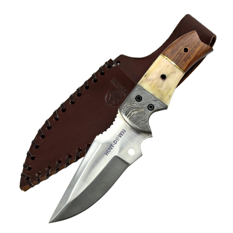 Hunt Down 9.5" Bone Handle Demascus Bolster Stainless Steel Hunting Knife With Leather Sheath