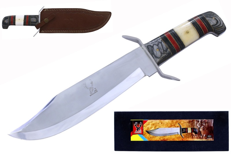 Theboneedge 15" Full Tang Red Black Wood & Horn Handle Brass Clip Hunting Bowie Knife With Sheath