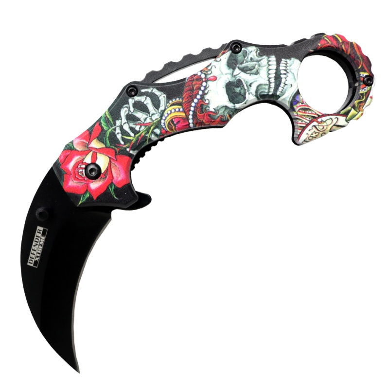 Defender-Xtreme 6.5" Skull & Rose Handle Spring Assisted Folding Knife 3Cr13 Steel
