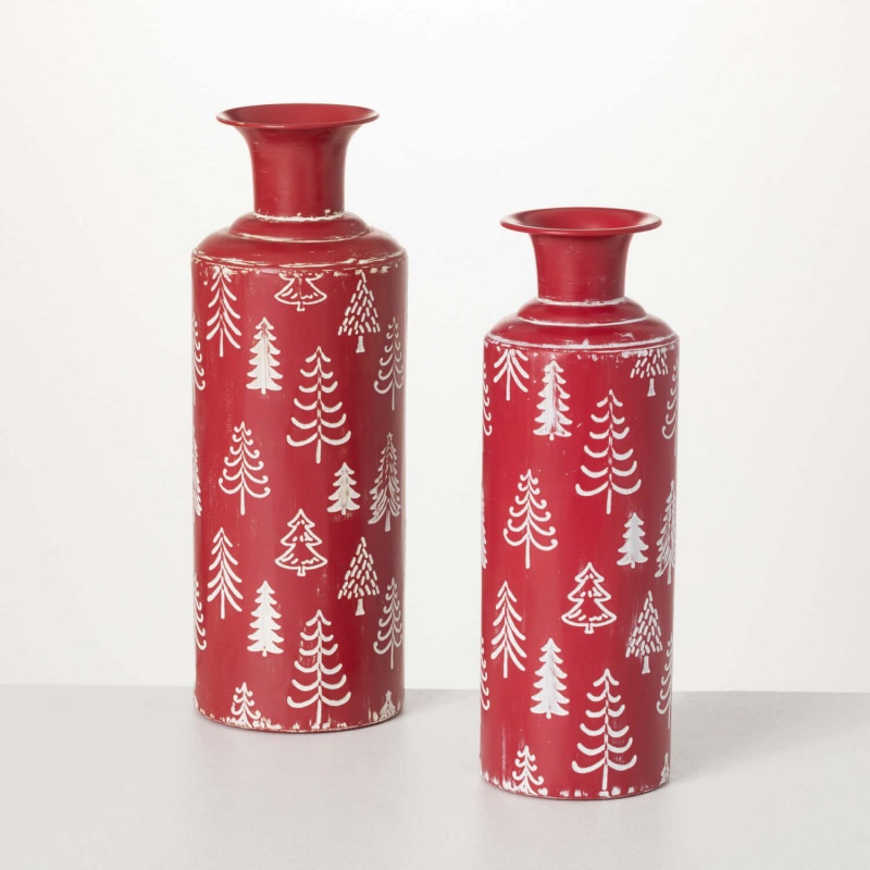 Red Tree Motif Vase Set Of 2