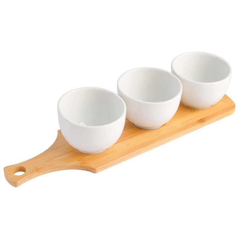 Gibson Gracious Dining 3 Piece White Fine Ceramic Tidbit Bowl Set With Bamboo Serving Tray