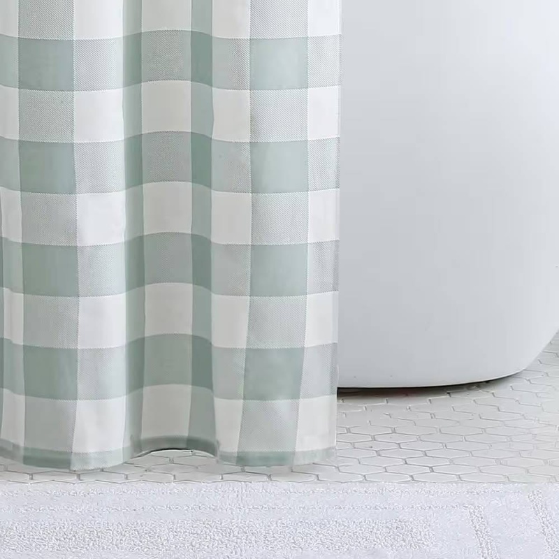 72-Inch 100-Percent Cotton Fabric Shower Curtain With Green White Plaid Pattern