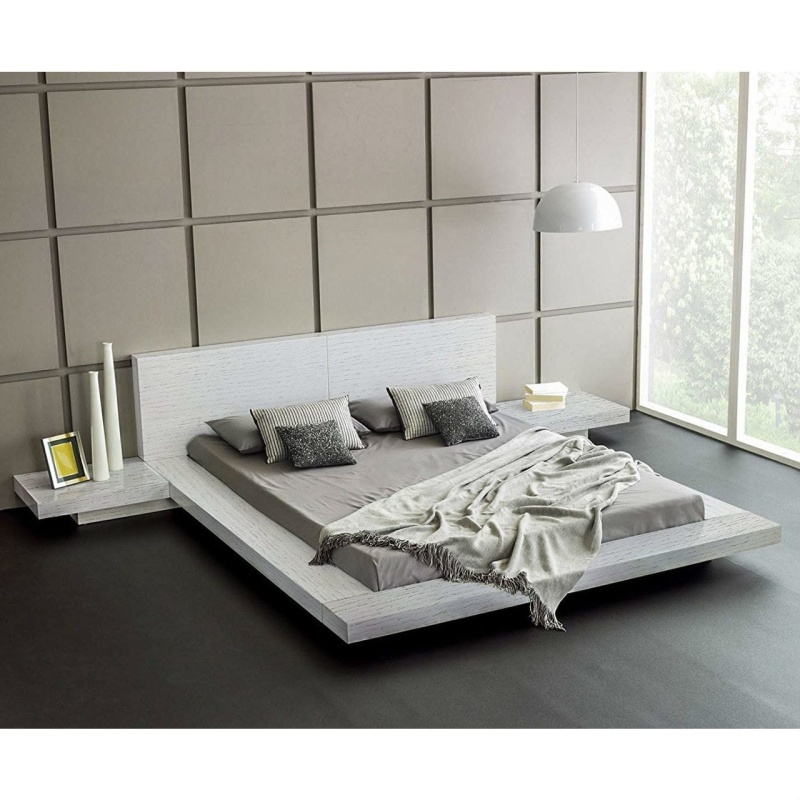 King Modern Platform Bed With Headboard And 2 Nightstand In Ash White