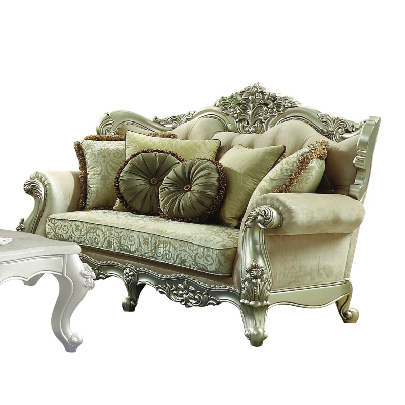 72" Green And Light Green Polyester Blend Damask Chesterfield Loveseat And Toss Pillows