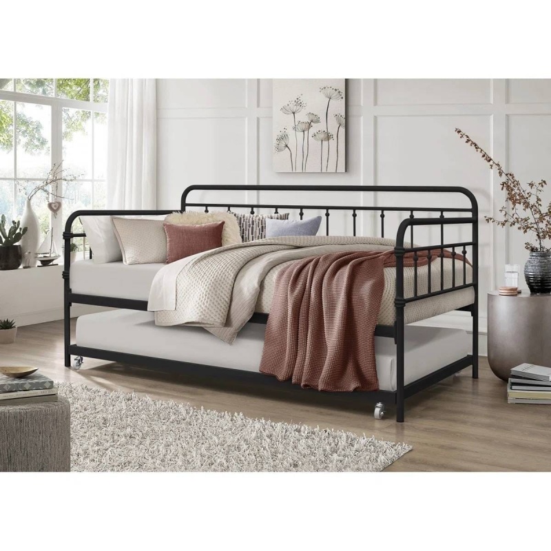 Twin Size Black Rounded Iron Daybed With Roll Out Trundle Bed Frame