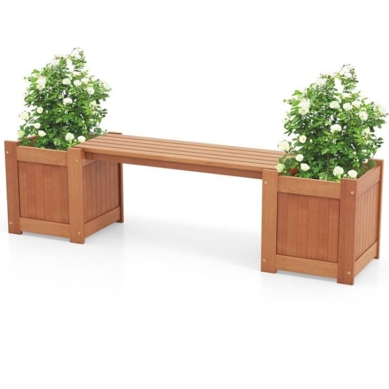 Farmhouse Durable Outdoor Wooden Planter Box With Garden Bench