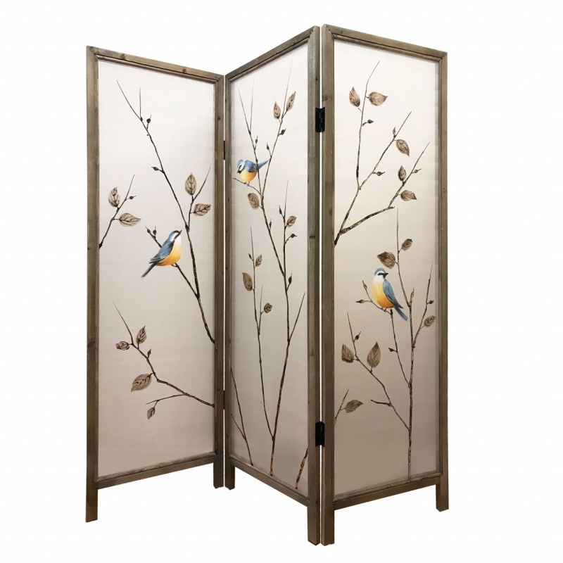 63" Brown Fabric And Wood Folding Three Panel Screen Room Divider