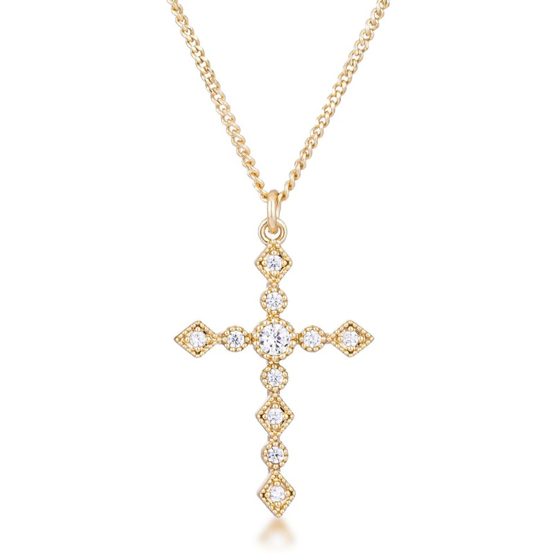 Dainty Art Deco Gold Plated Clear Cz Cross Pendant