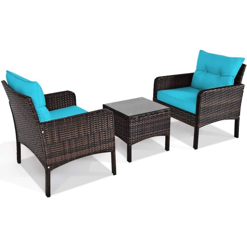 3-Piece Brown PE Rattan Outdoor Patio Dining Set With Turquoise Cushions