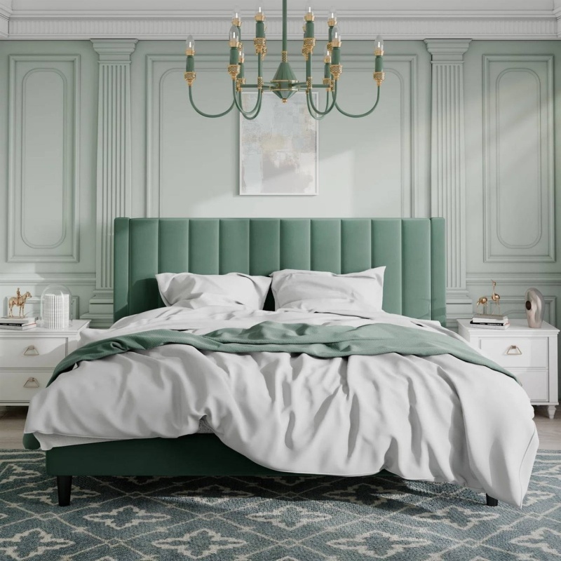 King Size Green Velvet Upholstered Platform Bed Frame With Headboard
