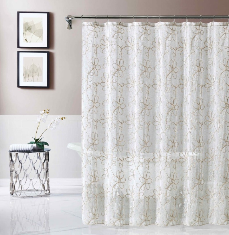Tan And White Floral Embroider Shower Curtain