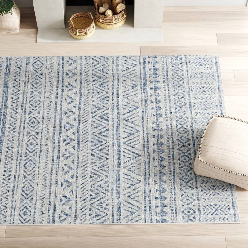 5 Ft. X 7.5 Ft. Blue Grey Chevron Coastal Boho Style Indoor Outdoor Area Rug