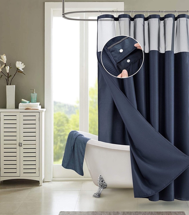 Navy Modern Grid Shower Curtain And Liner Set
