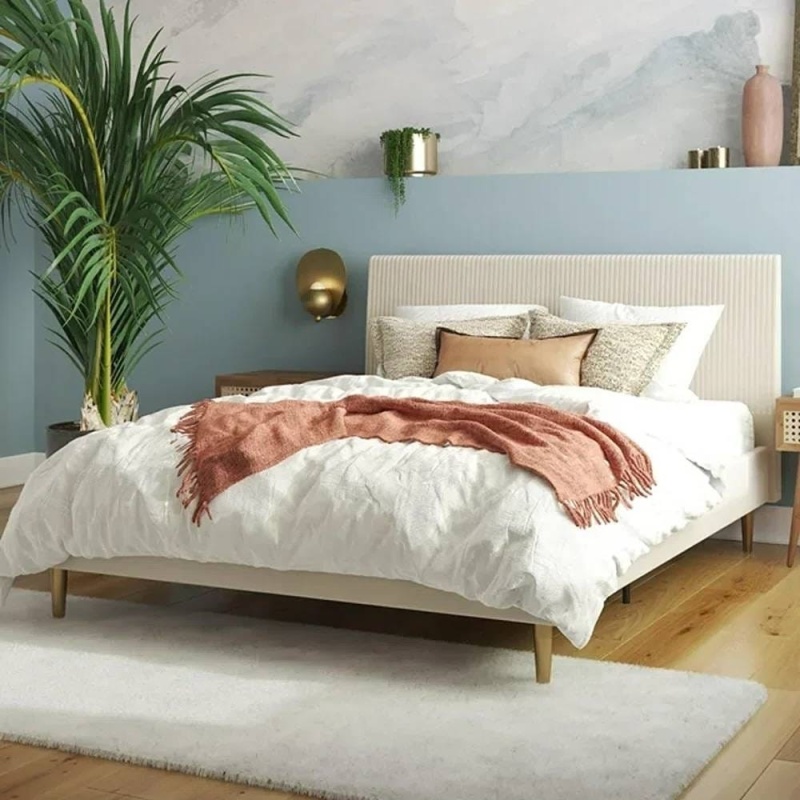 Queen Mid-Century Ivory Cream Velvet Upholstered Platform Bed With Headboard