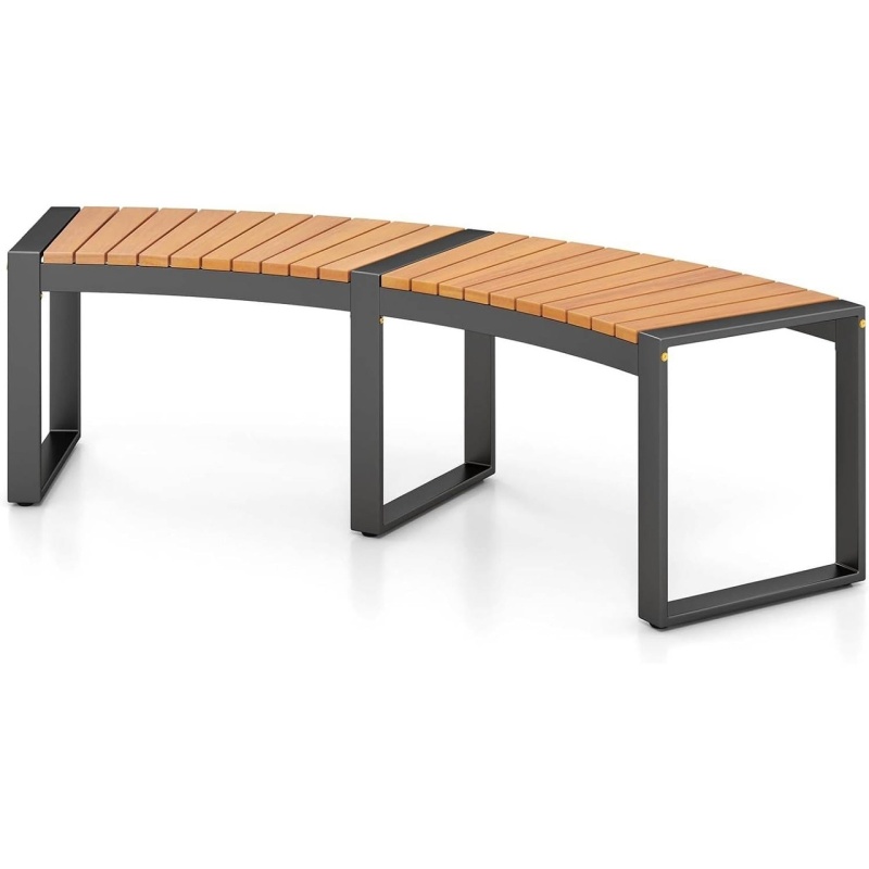 Outdoor Metal Frame Wood Slat Backless Garden Bench With Modern Arch Design