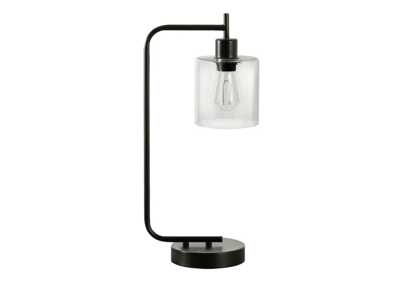 20" Black Metal Arched USB Table Lamp with Clear Drum Shade