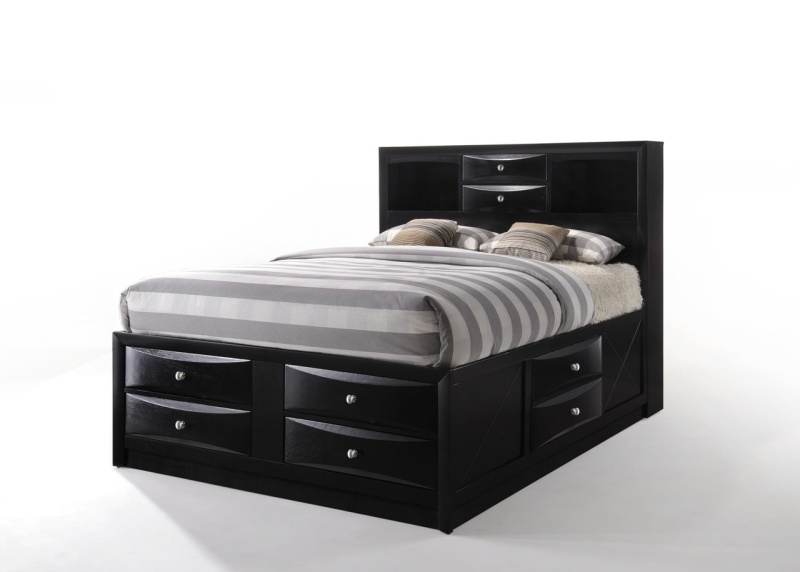 Black Multi-Drawer Wood Platform Full Bed With Pull Out Tray