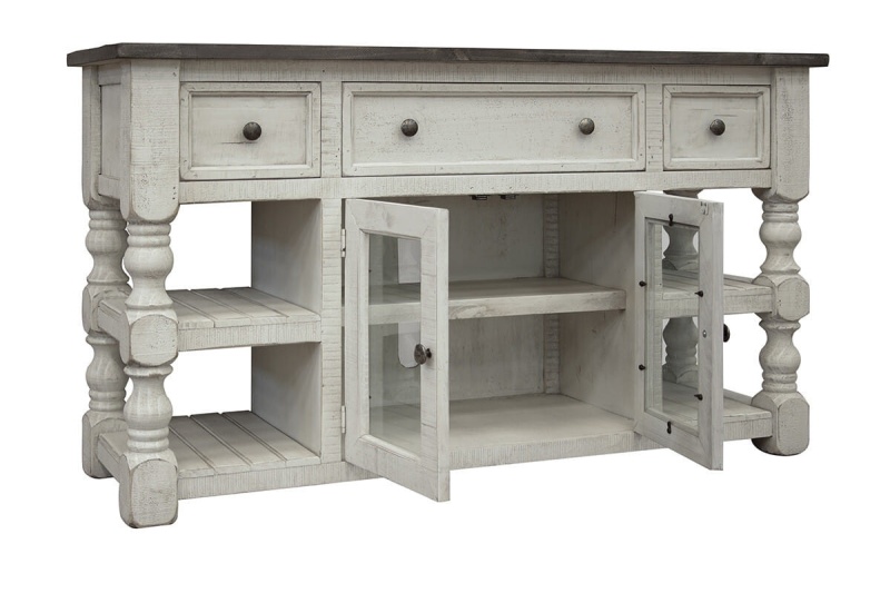 60" Ivory Solid Wood Open Shelving Distressed Tv Stand