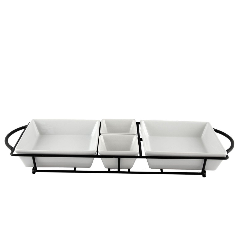 Gibson Gracious Dining 5 Piece Serving Set With Metal Rack In White Porcelain