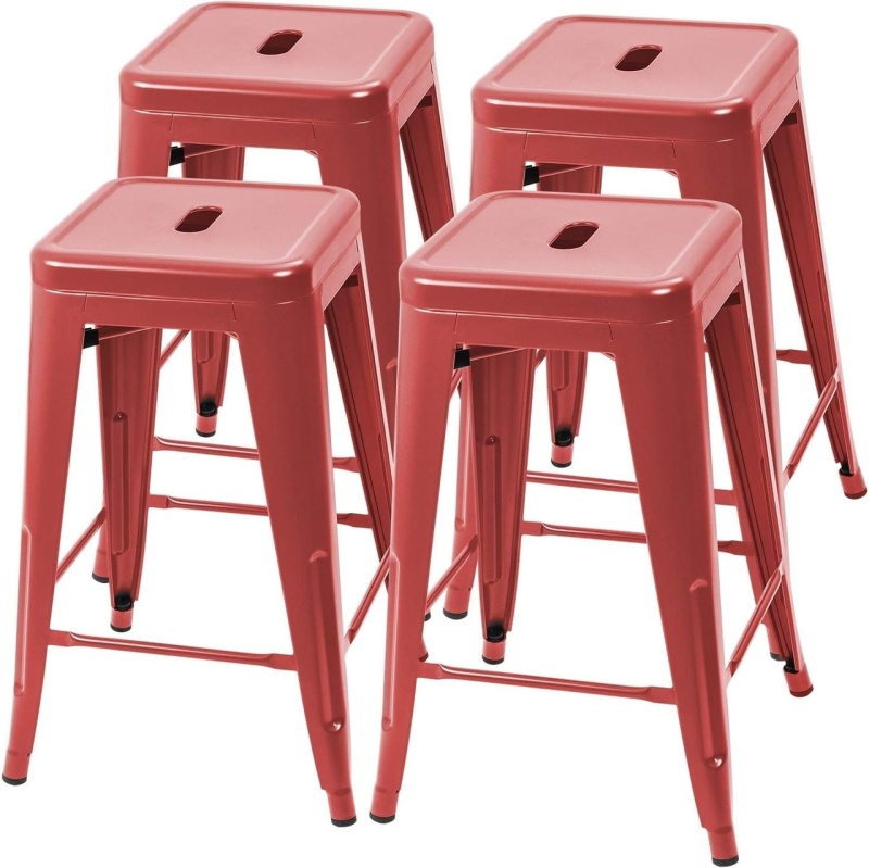Set of 4 24-In. Indoor/Outdoor Backless Stacking Red Metal Barstools