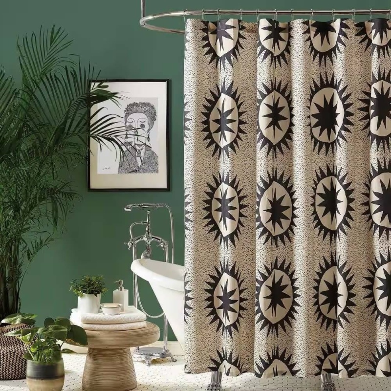 72 X 72 In. Cotton Poly Shower Curtain W/ Cream Brown Sun Star Medallion Pattern