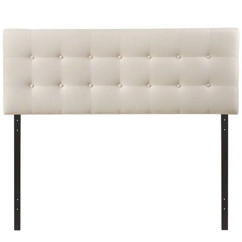 Queen Size Modern Ivory Fabric Upholstered Button Tufted Headboard