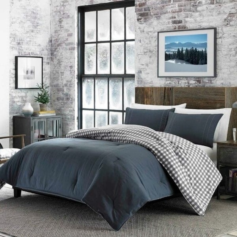 King Size 100% Cotton Reverse Plaid Gray/White Comforter Set