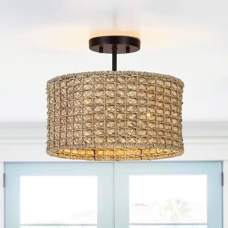 Bohemian 13.6-Inch Round Rattan Drum 2-Light Ceiling Light