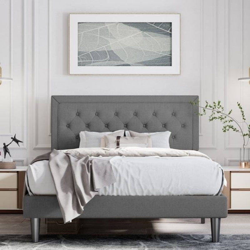 Queen Dark Grey Linen Upholstered Platform Bed With Button-Tufted Headboard