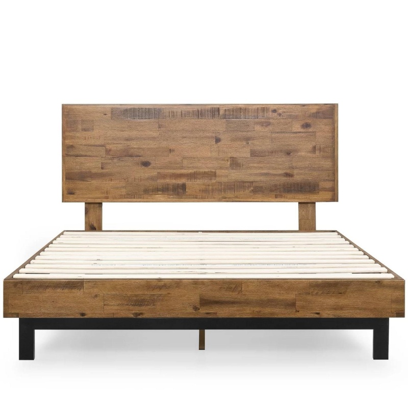 Queen Solid Wood Modern Platform Bed Frame With Adjustable Height Headboard