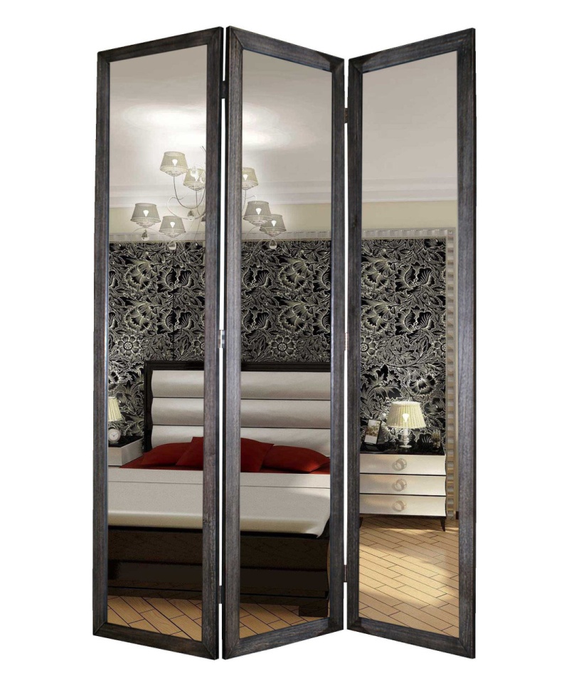 69" Black Wood And Mirrored Glass Folding Three Panel Screen Room Divider