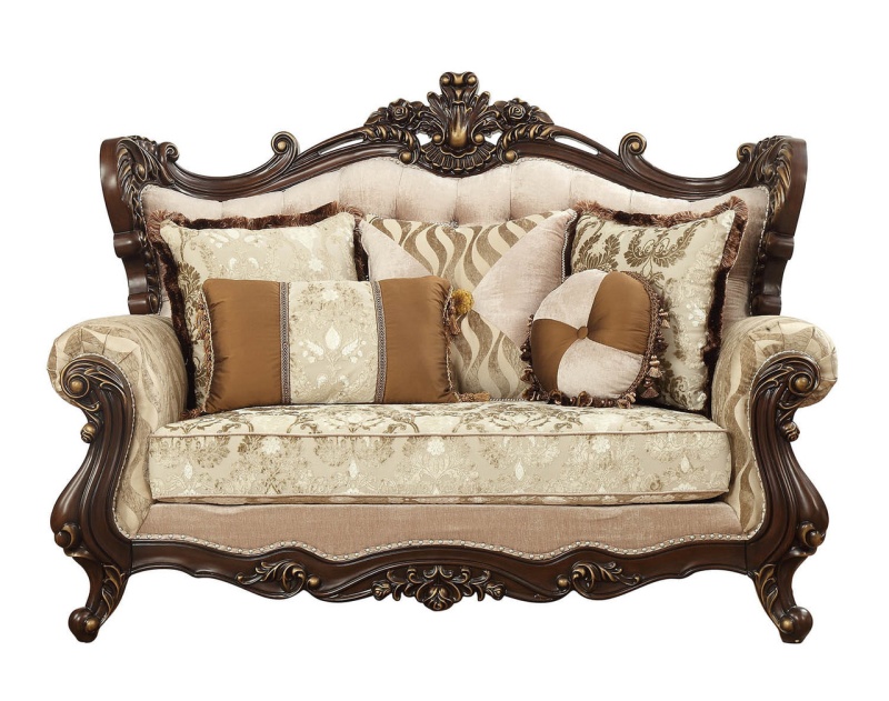 70" Beige And Brown And Brown Damask Loveseat And Toss Pillows