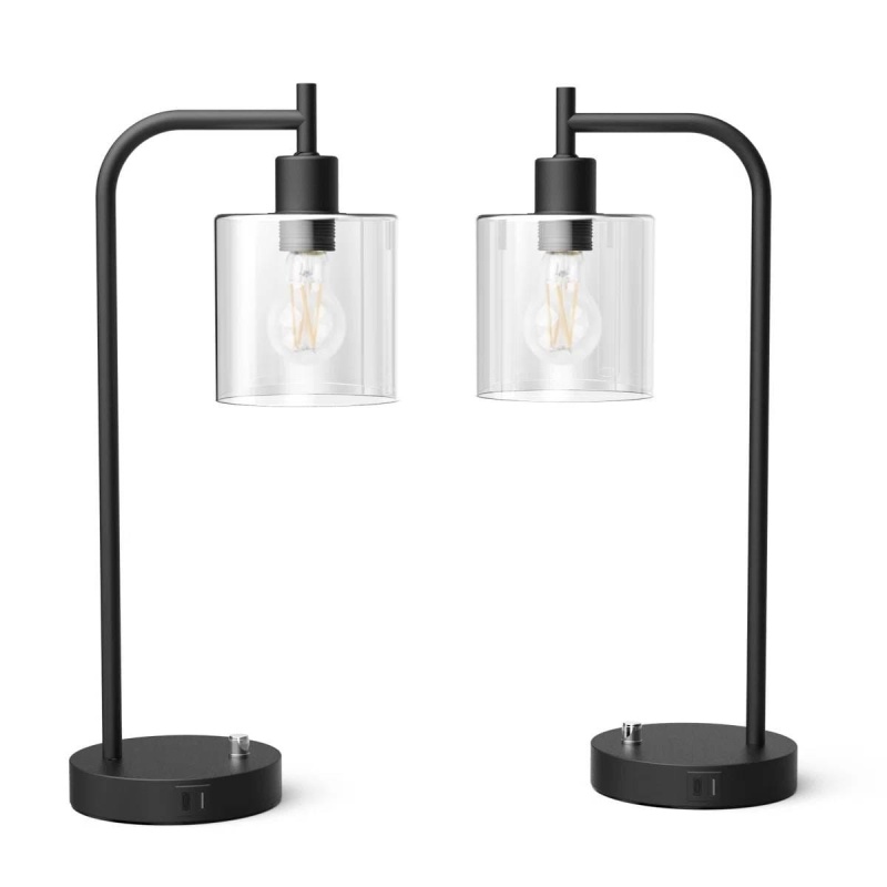 Set Of 2 - Modern Stylish Black Metal Arch Usb Table Lamp With Led Bulbs